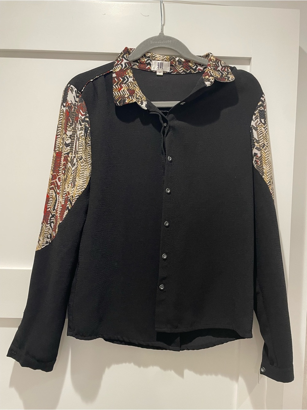Black Button-Front Shirt with Multicolor Zigzag Trim